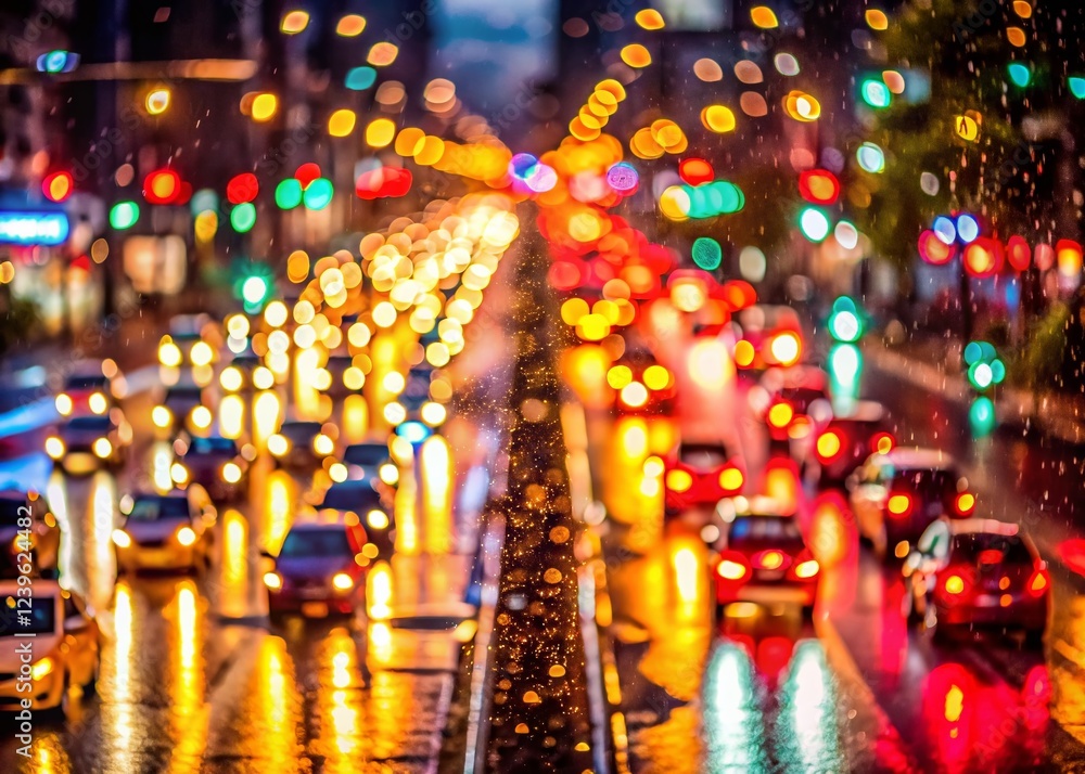 City Lights Blur: A captivating abstract view of a bustling city street, bathed in the warm glow of streetlights and taillights, blurred by the gentle patter of rain. City Lights Blur: A captivating abstract view of a bustling city street, bathed in the warm glow of streetlights and taillights, blurred by the gentle patter of rain.