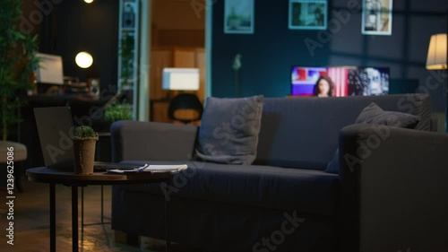 Wallpaper Mural Contemporary apartment with modern indoor plants and neon lights creating a cozy casual living room with a smart tv and comfortable setup. Empty studio loft with trendy furniture. Torontodigital.ca