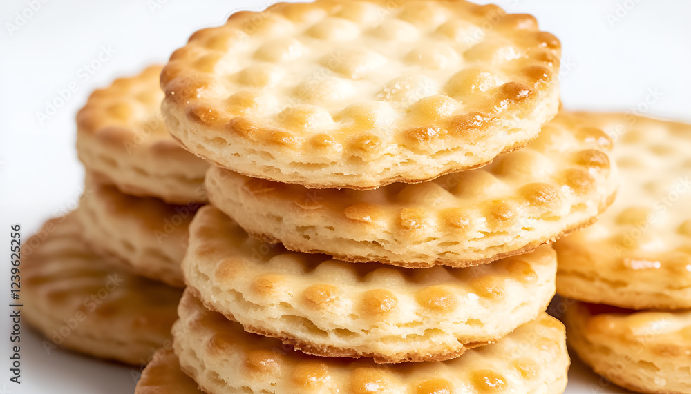 Close up on butter biscuits resting on white background, no people are visible. Close up on butter biscuits resting on white background, no people are visible.
