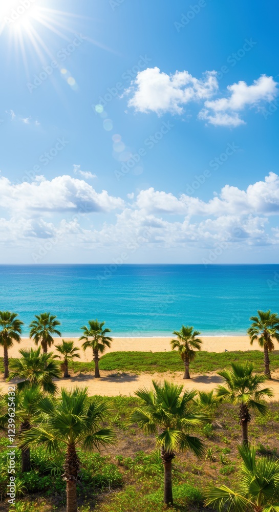 Serene tropical beach with palm trees and clear blue sky on a sunny day