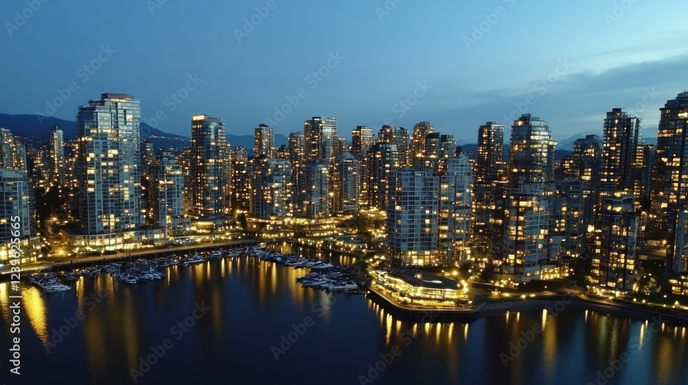 Naklejka premium Nighttime cityscape illuminated with bright building lights and a calm harbor view