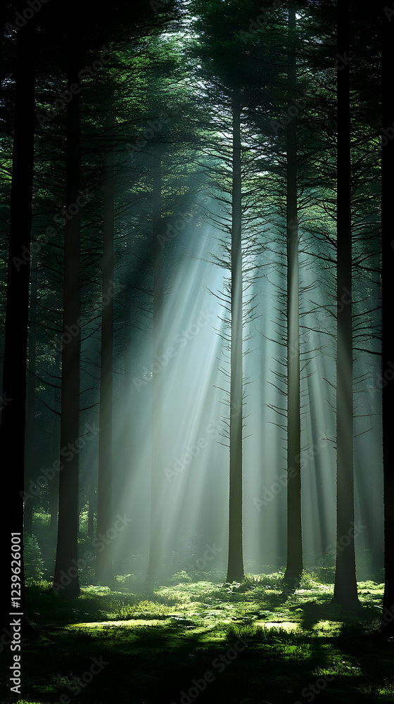 Naklejka premium Sunbeams Illuminate Dark Forest