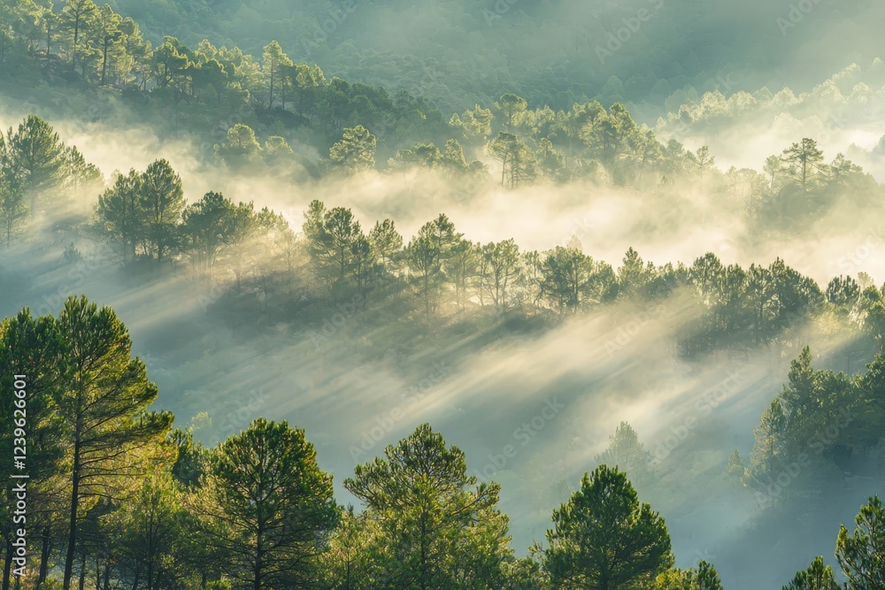 Mystical fog rolling through ancient pine forest. Mystical fog rolling through ancient pine forest.