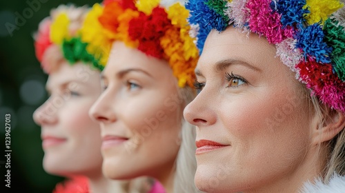 Women in flower crowns, profile view, outdoors, festival background, celebration imagery photo