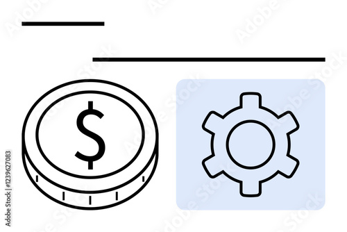 Coin with dollar symbol beside gear denoting finance, operations, optimization, and economic management. Ideal for business, fintech, planning, innovation, productivity strategy abstract line flat