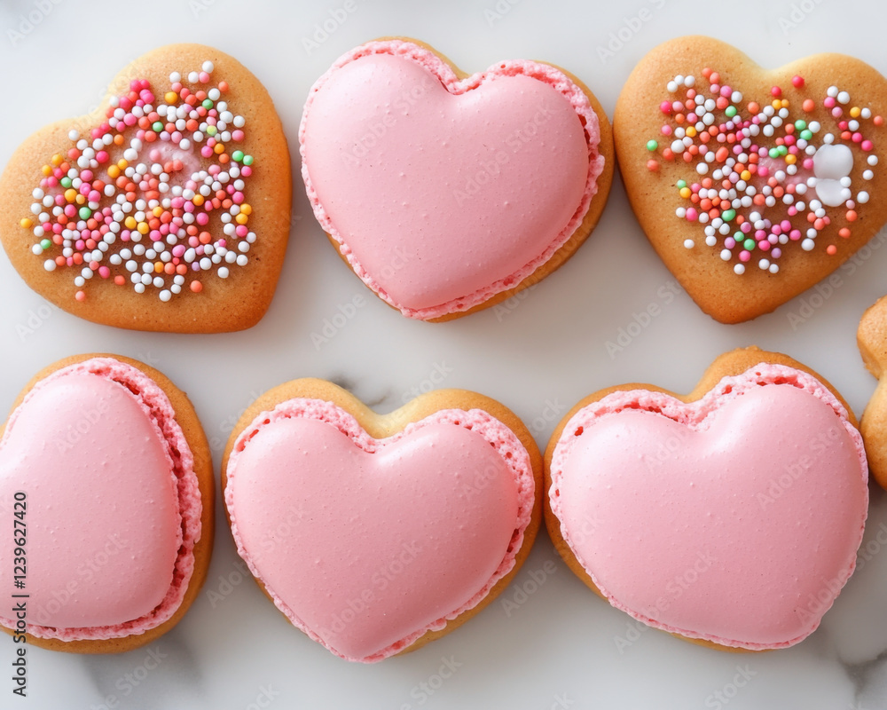 Delicious heart shaped cookies with pink icing and colorful sprinkles create festive and joyful atmosphere. Perfect for celebrations Delicious heart shaped cookies with pink icing and colorful sprinkles create festive and joyful atmosphere. Perfect for celebrations