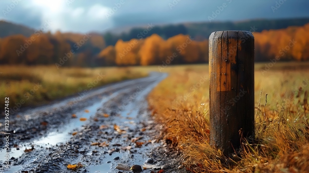 Obraz premium A road with a wooden post in the middle of it