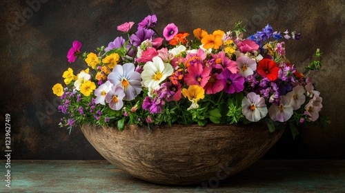 Wallpaper Mural A beautiful wooden bowl filled with an array of colorful flowers, highlighting nature vivid hues against a rustic and charming backdrop. Torontodigital.ca