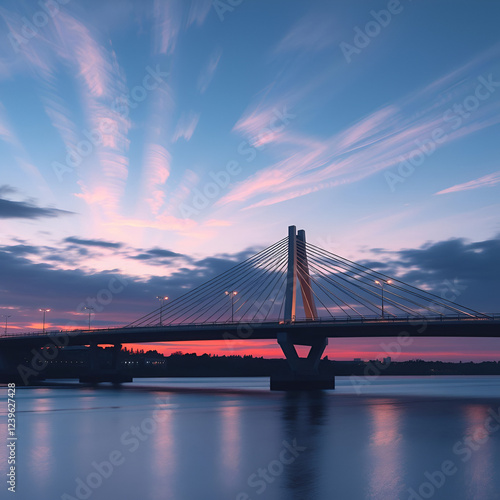 Twilight long exposure photograph of modern bridge with streaked clouds in serene palette, twilight. Twilight Bridge. Illustration photo