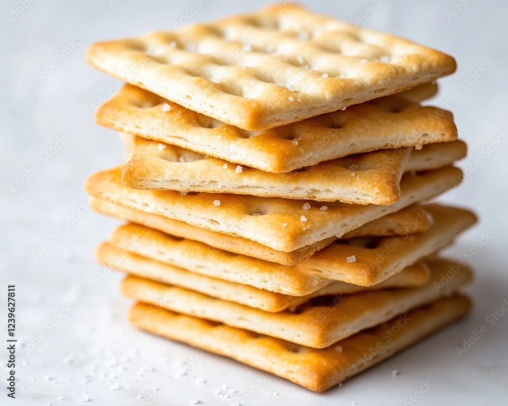 Crispy saltine crackers stacked neatly, showcasing their golden brown color and texture. Perfect for snacking or pairing with soups Crispy saltine crackers stacked neatly, showcasing their golden brown color and texture. Perfect for snacking or pairing with soups