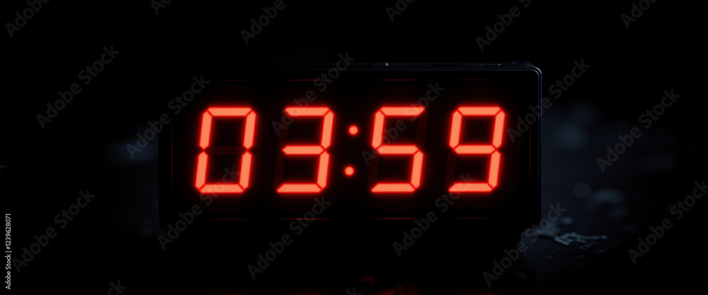 Digital alarm clock displaying 03:59 in bright red numbers creating a tense atmosphere signaling the end of night and the approach of Daylight Saving time