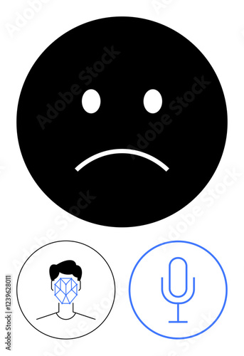 Sad face, face recognition grid on human profile, microphone, concepts of AI, mood detection, voice commands. Ideal for technology, privacy, AI ethics emotion analysis user interfaces virtual