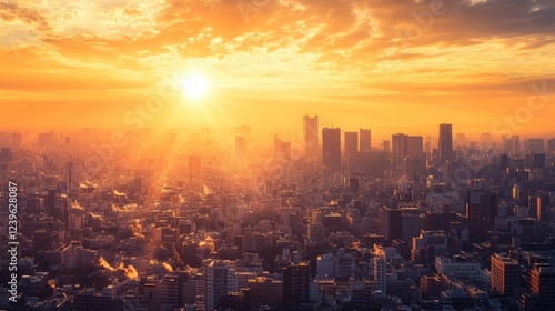 Wallpaper Mural A breathtaking cityscape at sunset, with warm golden light creating a mesmerizing backdrop to the vibrant, bustling urban landscape. Torontodigital.ca
