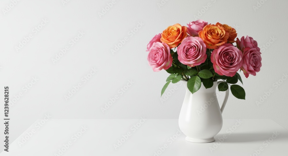 Fototapeta premium Vibrant pink and orange roses in elegant white vase on minimalist table