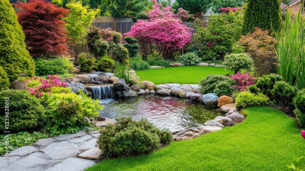 Fototapeta premium Serene Garden Waterfall Pond Landscape Design