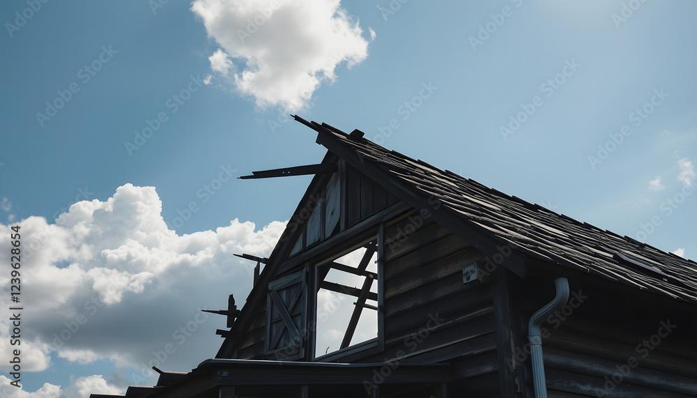 horizontal close up image of a roof of a house that has burned and fallen in under blue sky with cloud in summer time , with white tonespng horizontal close up image of a roof of a house that has burned and fallen in under blue sky with cloud in summer time , with white tonespng