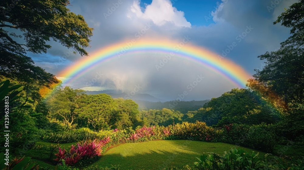 Naklejka premium A breathtaking rainbow arcs across a lush park, showcasing nature vibrant colors against a peaceful natural backdrop.