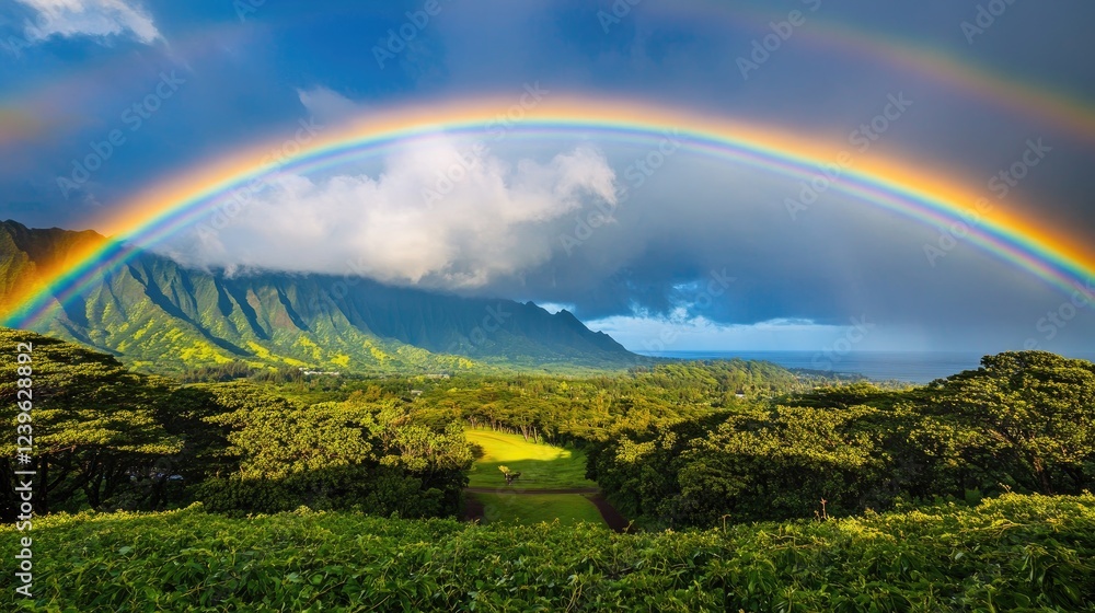 Obraz premium A breathtaking rainbow arcs across a lush park, showcasing nature vibrant colors against a peaceful natural backdrop.