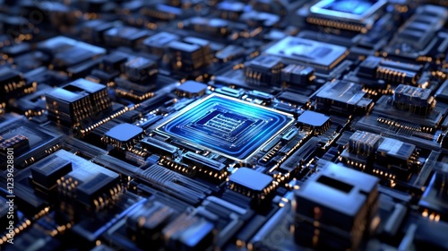 Detailed close-up of a luminous circuit board with complex pathways and connections