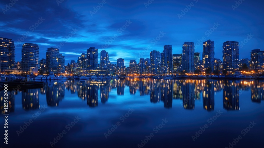 Obraz premium A breathtaking view of a metropolitan skyline lit up at blue hour, with vibrant city lights reflecting in a tranquil harbor, offering a peaceful yet vibrant urban scene