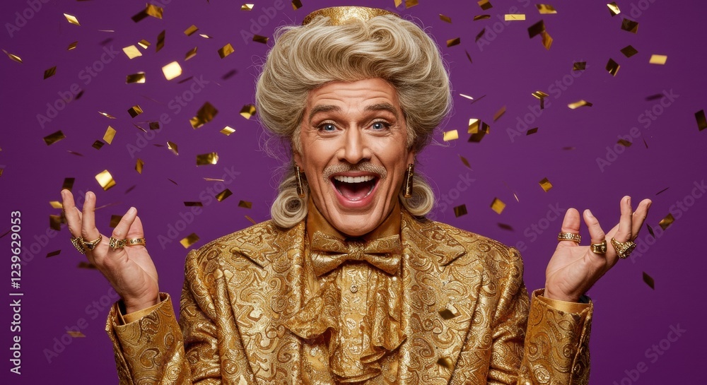 Joyful celebratory man in opulent gold outfit with confetti on purple background Joyful celebratory man in opulent gold outfit with confetti on purple background