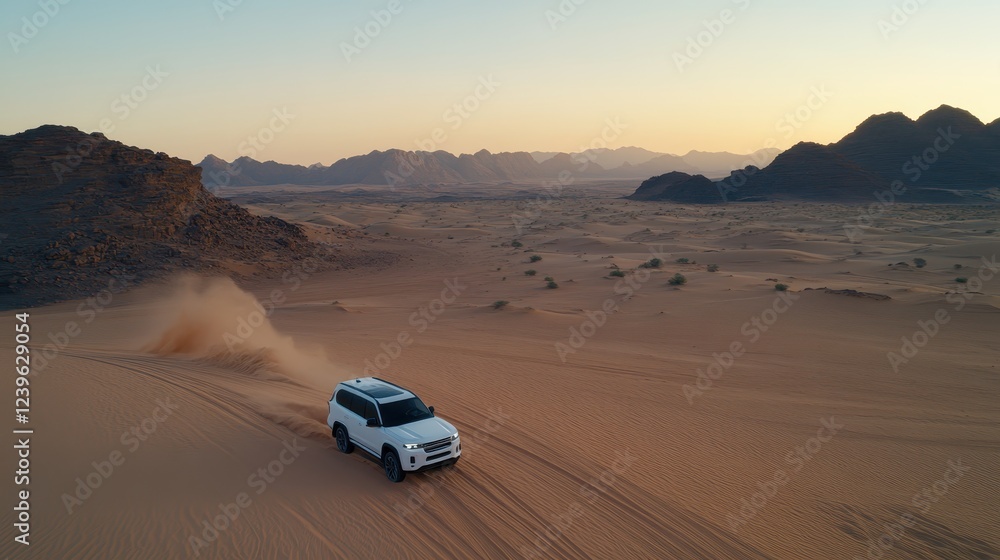 White SUV Driving Through Sandy Desert Landscape at Sunset with Mountain Silhouette in Background White SUV Driving Through Sandy Desert Landscape at Sunset with Mountain Silhouette in Background