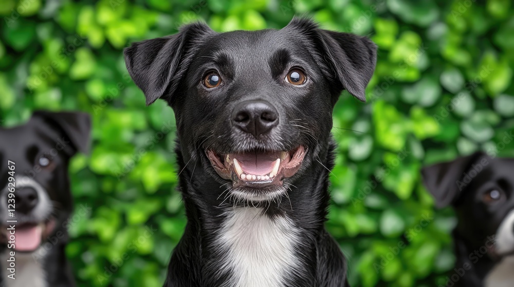Happy dogs, green wall background, pet portrait, website banner Happy dogs, green wall background, pet portrait, website banner