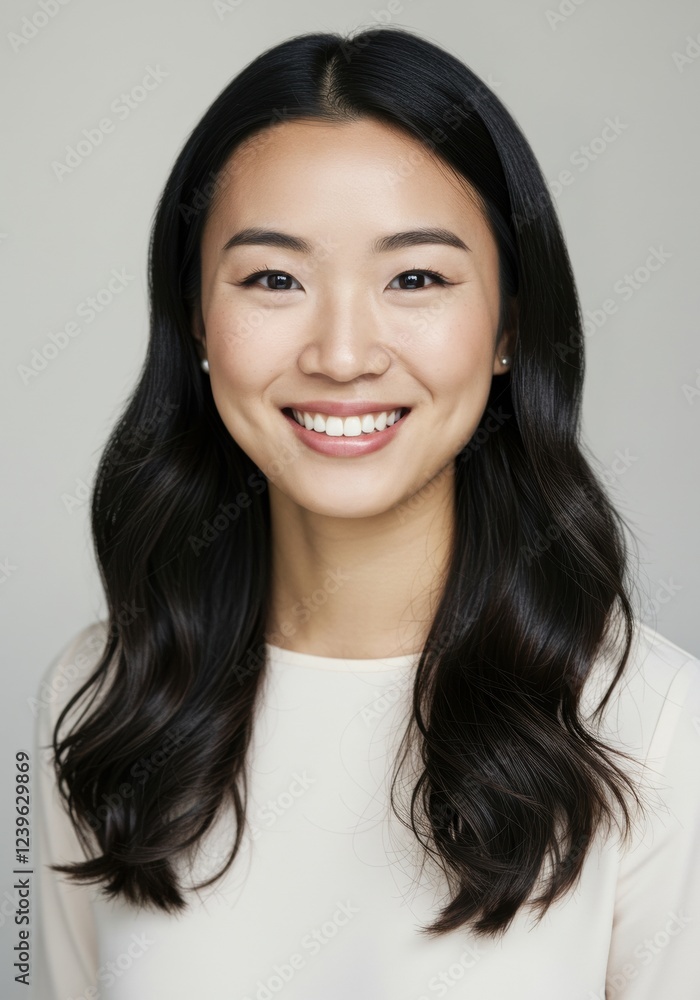 Smiling woman with long dark hair in white top Smiling woman with long dark hair in white top