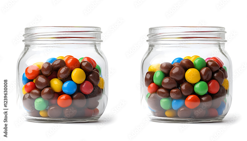 Many sweet colorful candies in glass jar isolated on white, side and top views Many sweet colorful candies in glass jar isolated on white, side and top views