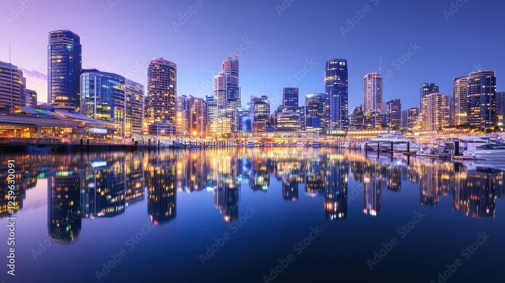 Obraz premium A bustling metropolitan skyline comes to life with vibrant lights reflecting in a calm harbor at blue hour, capturing the energy and beauty of the city at twilight.