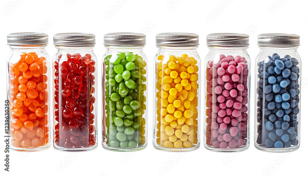 Many sweet colorful candies in glass jar isolated on white, side and top views Many sweet colorful candies in glass jar isolated on white, side and top views