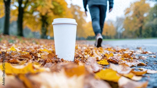 Fototapeta Autumn walk, coffee cup, park path, leaves
