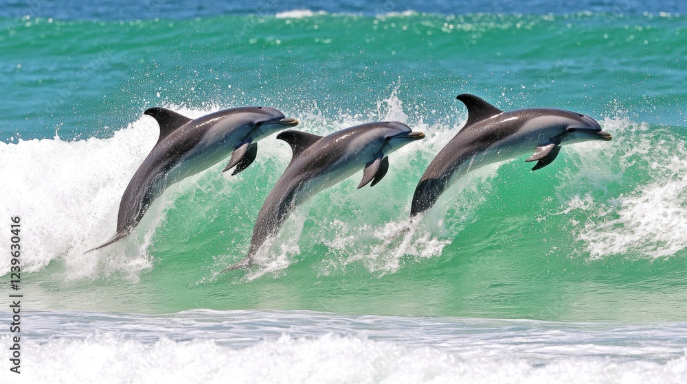 Obraz premium Three dolphins leaping playfully over ocean waves.