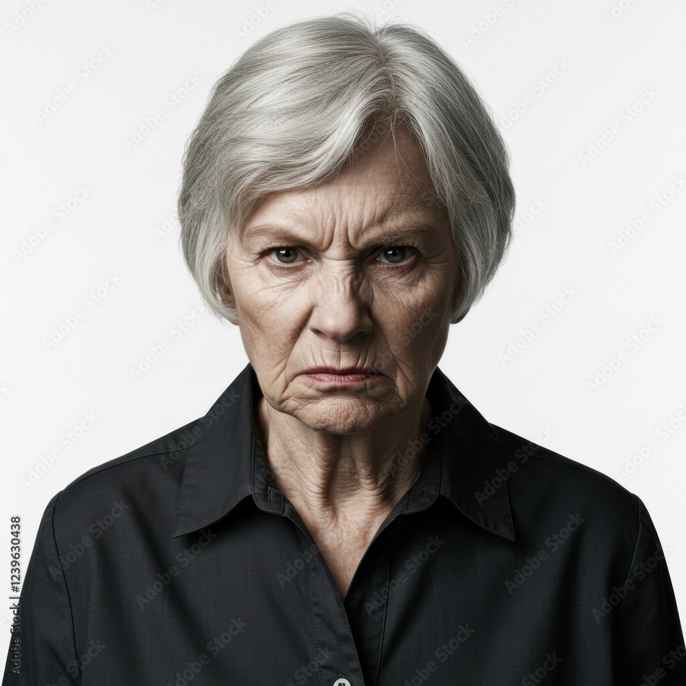 Obraz premium Elderly woman expressing anger with stern expression in dark attire