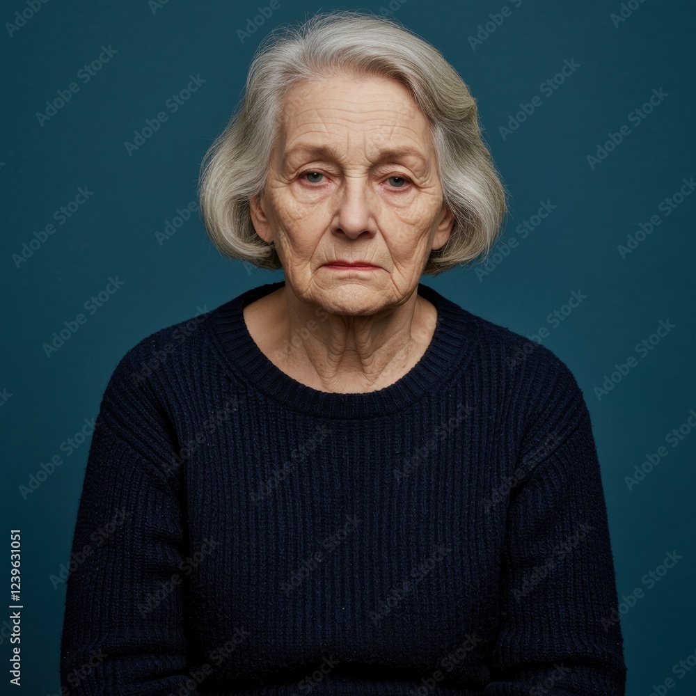 Portrait of a thoughtful elderly woman in a blue sweater against a dark background Portrait of a thoughtful elderly woman in a blue sweater against a dark background