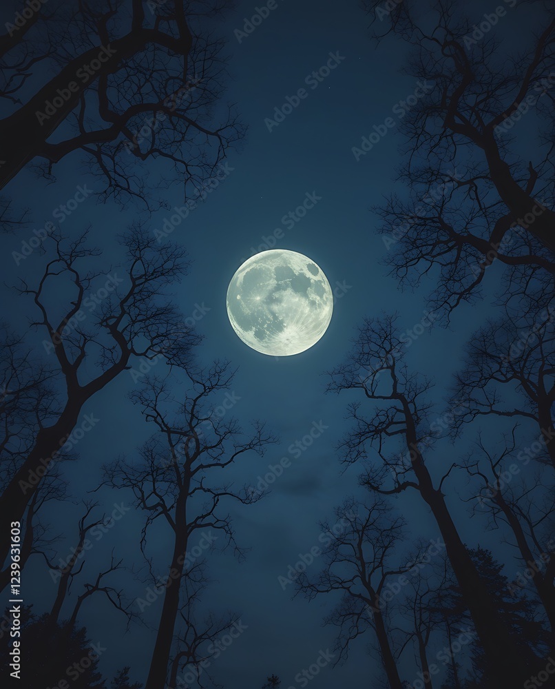 Fototapeta premium Majestic full moon hanging above a dark, barren landscape, surrounded by twisted trees, creating a peaceful yet mysterious nighttime atmosphere