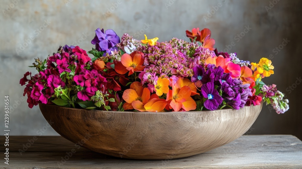 A charming wooden bowl filled with a spectrum of vibrant flowers, reflecting the elegance of nature hues and rustic beauty in a serene setting. A charming wooden bowl filled with a spectrum of vibrant flowers, reflecting the elegance of nature hues and rustic beauty in a serene setting.
