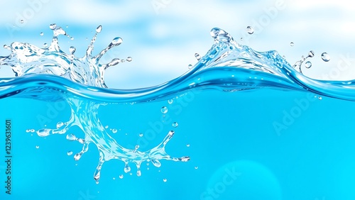 Water splash wave blue liquid clear droplets dynamic motion high resolution background refreshing clean nature fluid ripple photo