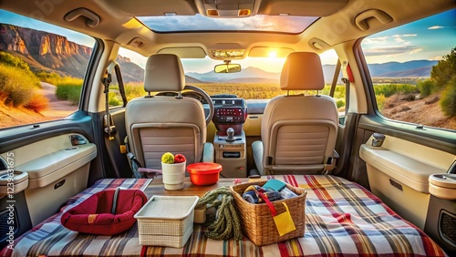 SUV Interior with Picnic Setup and Scenic View