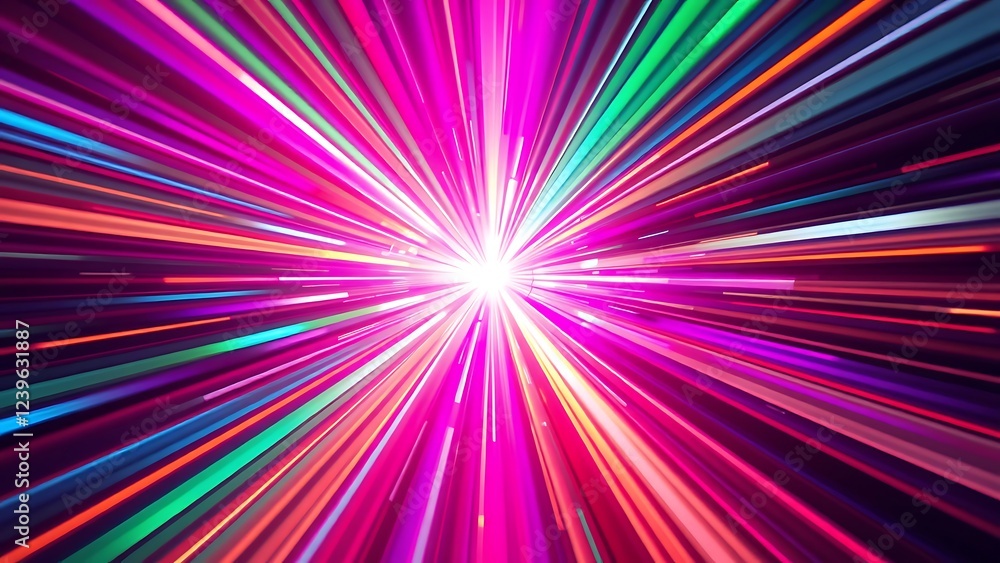 Fototapeta premium Colorful light burst with radial beams of pink purple green blue orange creating dynamic vibrant abstract background suitable for technology futuristic sci-fi themes