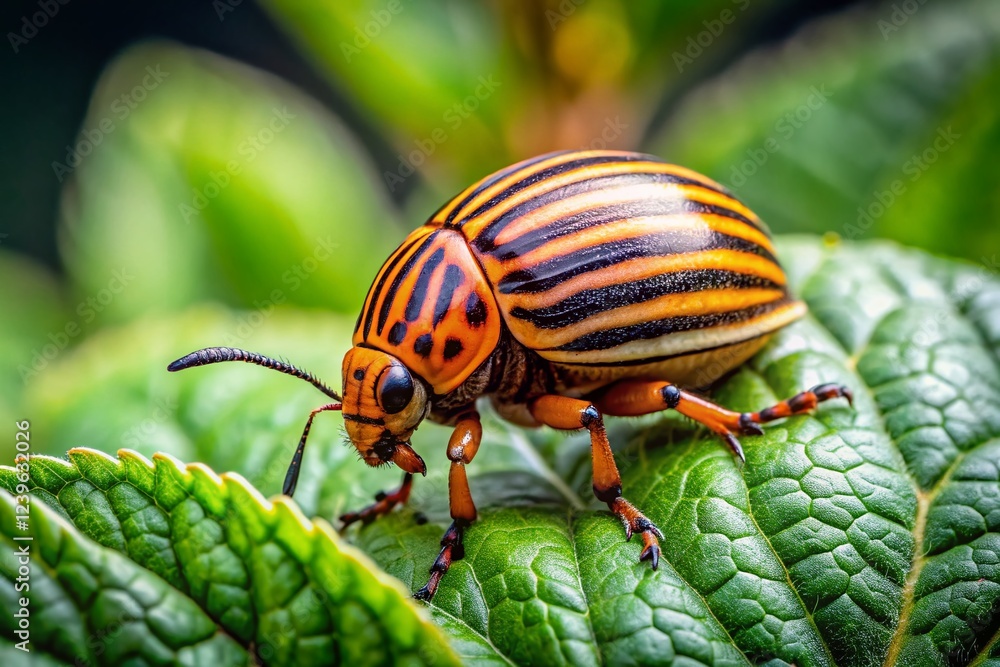 Fototapeta premium Colorado Potato Beetle Macro on Potato Plant - Close-up Insect Pest