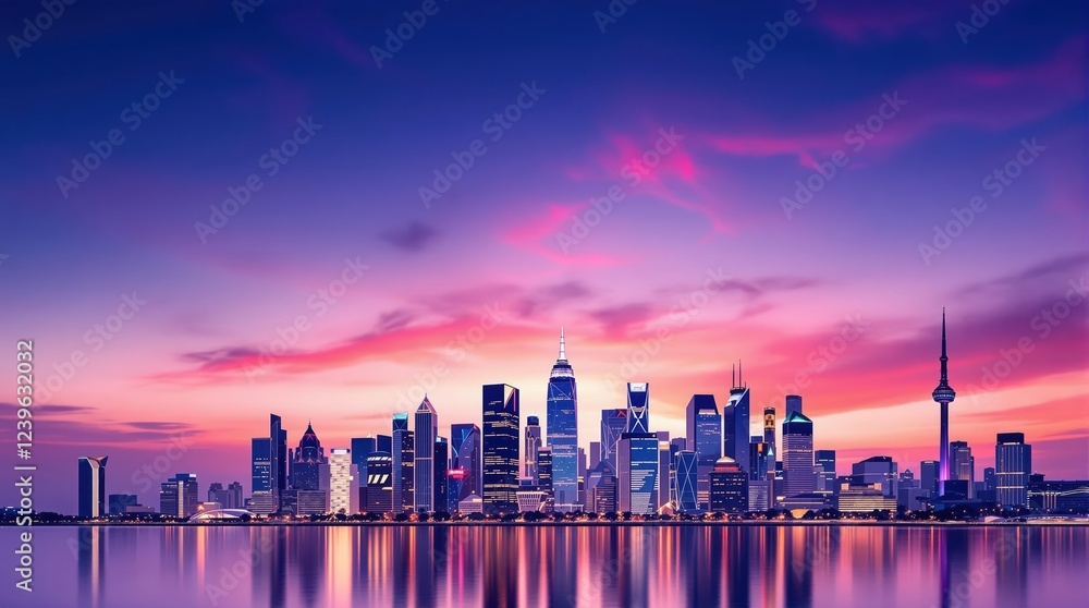 Obraz premium Vibrant city skyline at sunset with reflective water and colorful skies