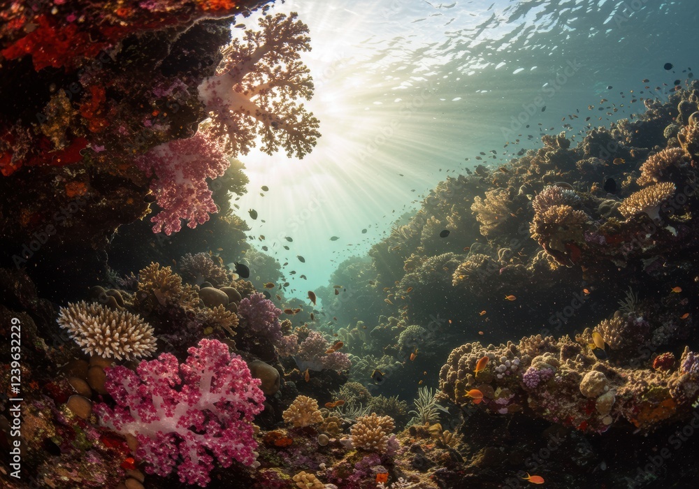 Fototapeta premium Sunlit underwater coral reef with diverse marine life and vibrant colors