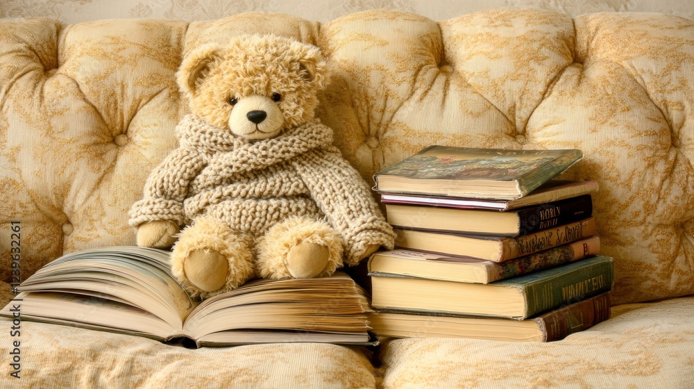 Teddy bear wearing a sweater sits on a stack of books on a couch. Teddy bear wearing a sweater sits on a stack of books on a couch.