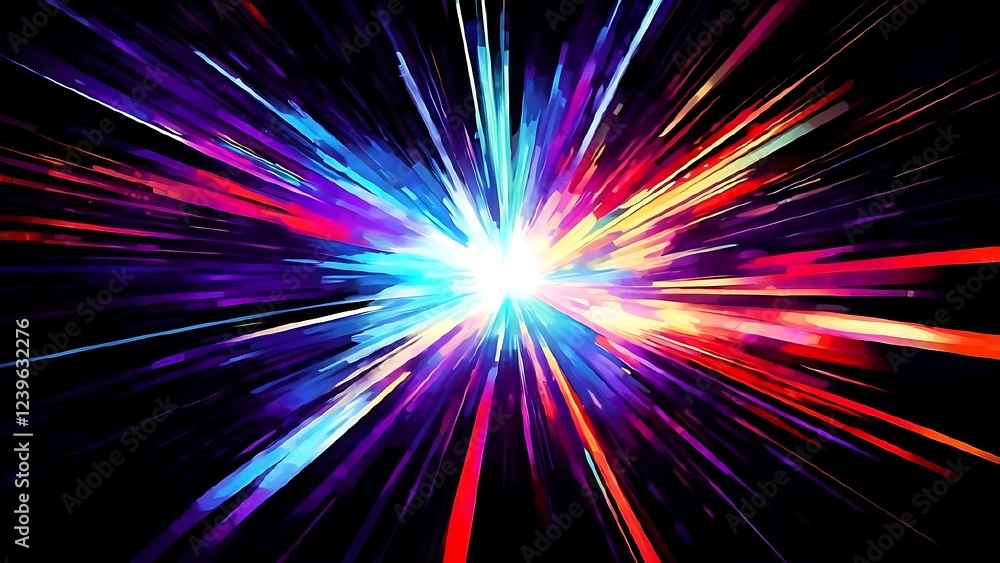 Colorful light burst explosion with radiant beams of red blue purple yellow white against black background Colorful light burst explosion with radiant beams of red blue purple yellow white against black background