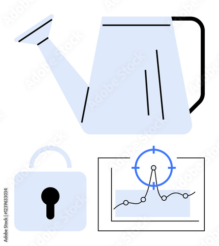 Watering can pouring ideas, secure lock ensuring safety, analytics chart targeting precision. Ideal for innovation, growth, security, data, strategy planning and productivity. Modern flat abstract