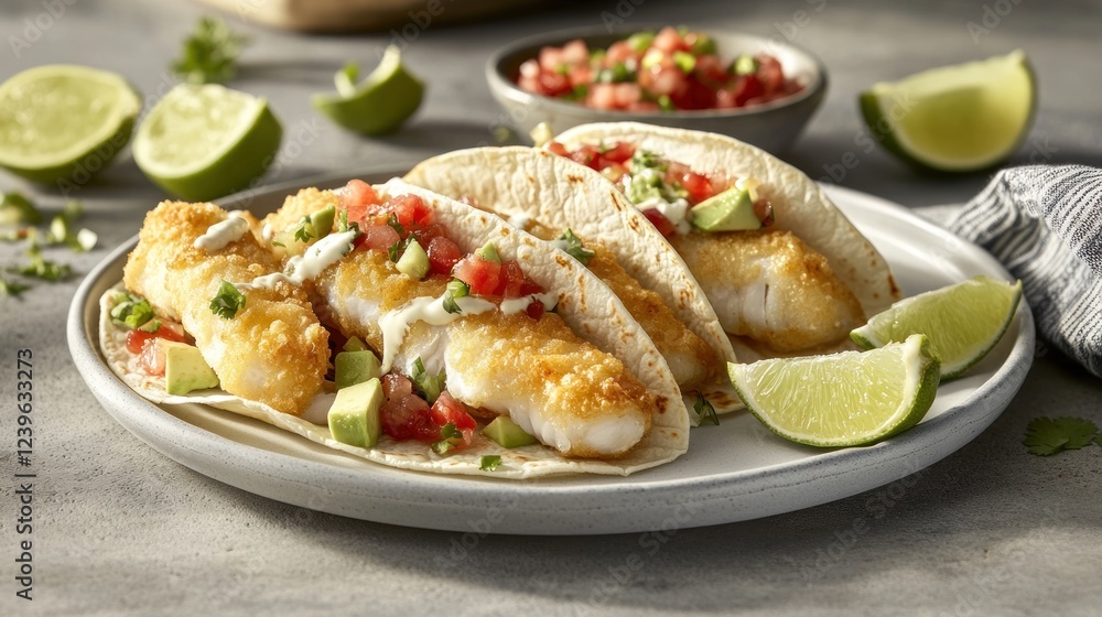 Three crispy fish tacos with avocado, pico de gallo, and lime wedges on a gray plate. Three crispy fish tacos with avocado, pico de gallo, and lime wedges on a gray plate.