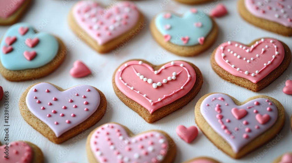 A collection of heart-shaped Valentine cookies, topped with vibrant icing and surrounded by small decorative elements for a festive mood. A collection of heart-shaped Valentine cookies, topped with vibrant icing and surrounded by small decorative elements for a festive mood.