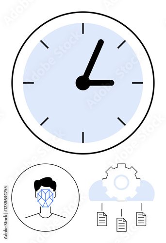 Clock indicating time management, facial recognition over a human profile, gear atop a cloud with linked documents. Ideal for AI, automation, productivity, tech systems, time tracking, cloud storage