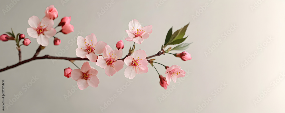 Spring nature, sakura branch with pink flowers on light background closeup macro shot. Floral spring banner or greeting card. Spring nature, sakura branch with pink flowers on light background closeup macro shot. Floral spring banner or greeting card.